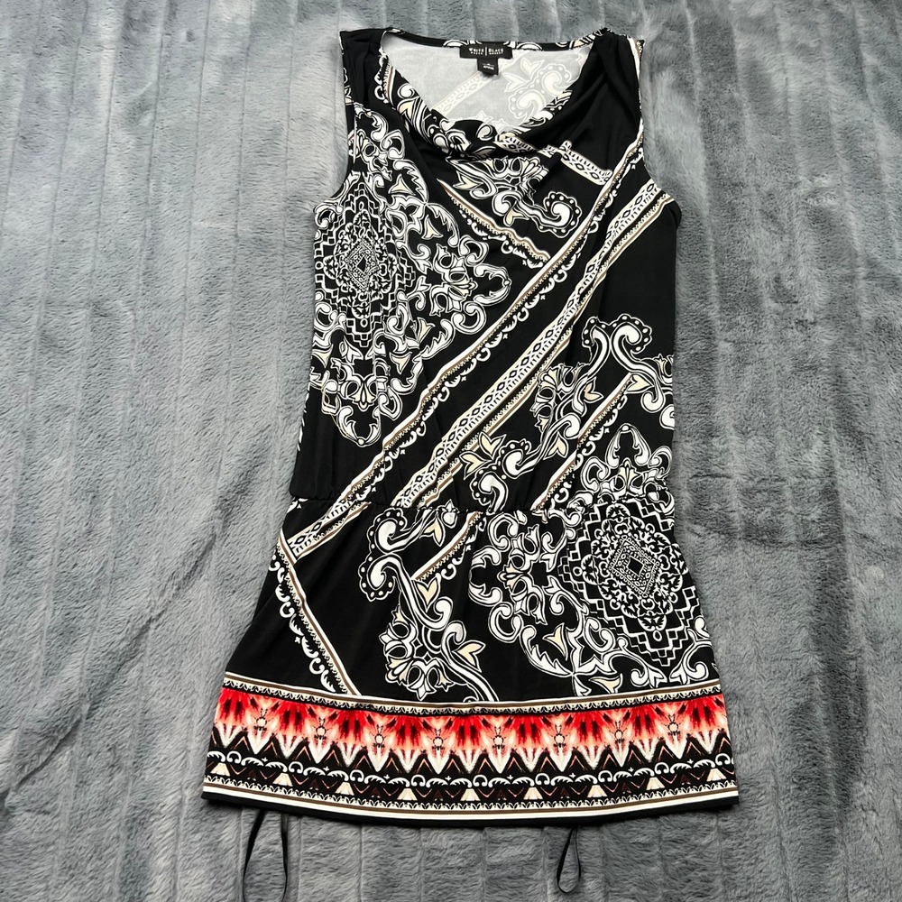 White House Black Market Paisley Medallion Cowl Neck Tunic Top Black White S